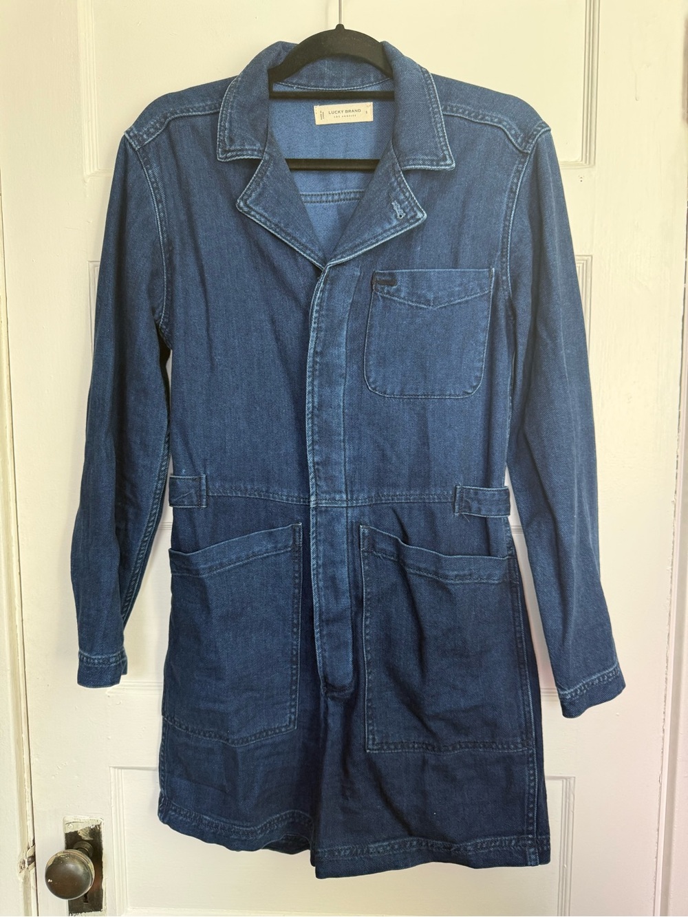 Lucky Brand Long Sleeve Indigo Denim Utility Romper Button Front Western Boho S
